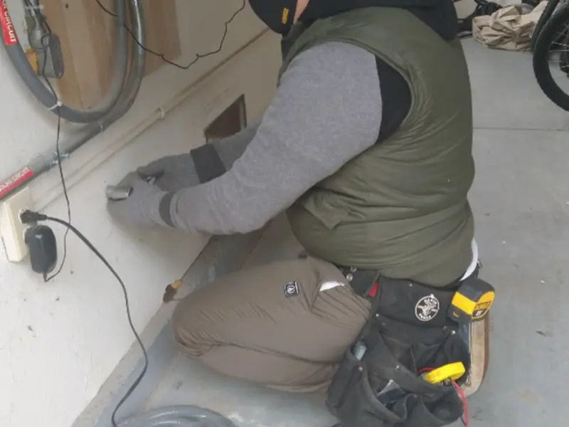 Electrician performing outlet wiring in a Great Bend garage